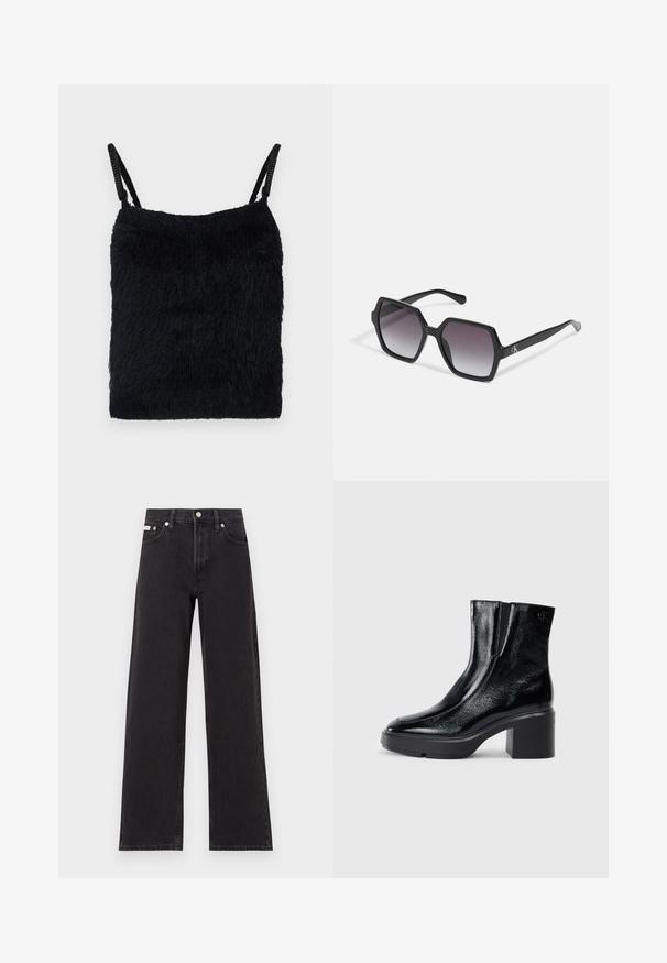 Must must kärgiga riidest pealispind, millel on õhukesed rihmad. Tekstuuriga pind, ruudukujuline kuju ja kerge disain. Lihtne, monokromaatiline värviskeem.; Mustad laiad mustad teksad, millel on kõrge vöökoht, viie tasku stiil ja metallist nööpkinnitus kontrastsete õmblustega.; Mustmustest must paeltega särkide, millel on kõver varvas, elastsed külgpaneelid ja jäme plokkpealse. Tagaküljel on reljeefne logo.; Mustad kuuekülgsed prillid gradueeritud läätsedega, millel on läikiv viimistlus ja peene bränding põlvel. Vastupidav plastikust konstruktsioon.