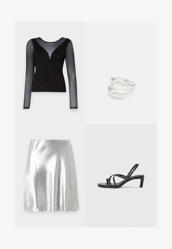ONLY ONLBECKI BODYTOP - Long sleeved top - black; Silver metallic mini skirt with a smooth texture and a slight sheen. Features a flared design and a simple, clean cut hemline.; Black strappy sandal with a square toe and a low block heel. Features multiple thin straps and an adjustable ankle strap. Made of smooth leather.; Silver double-band ring with a smooth, polished surface. Features a fluid, curved design with overlapping sections for a modern look.