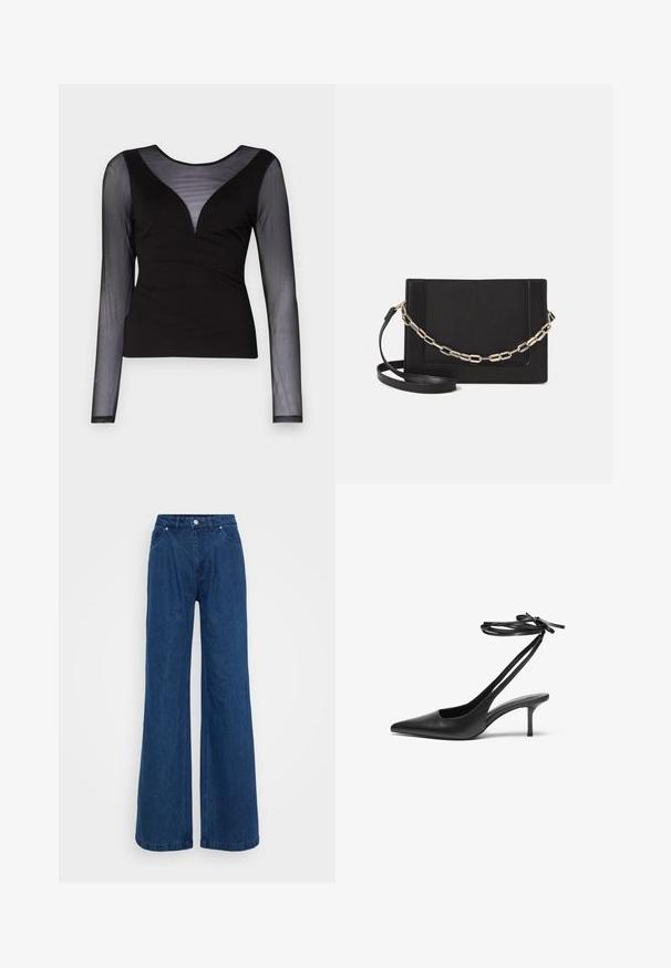 ONLY ONLBECKI czarny; Niebieskie dżinsy o szerokich nogawkach z wysokim stanem, z przodu na guzik i zamek błyskawiczny, oraz kieszeniami z przodu i z tyłu na jednolitym tle.; Czarny skórzany but na wysokim obcasie w kształcie szpilki, z ostro zakończonym noskiem, otwartą tylnią częścią i zapięciem na kostkę związanym w kokardę. Smukły obcas o wysokości 3 cali. Gładka faktura, minimalistyczny design.; Czarna skórzana torebka typu crossbody z gładką teksturą, prostokątnym kształtem oraz metalowym detalem w postaci łańcuszka z przodu. W zestawie regulowany pasek.; Srebrna obrączka podwójna z gładką, polerowaną powierzchnią. Posiada płynny, zakrzywiony kształt z nakładającymi się sekcjami, co nadaje nowoczesny wygląd.