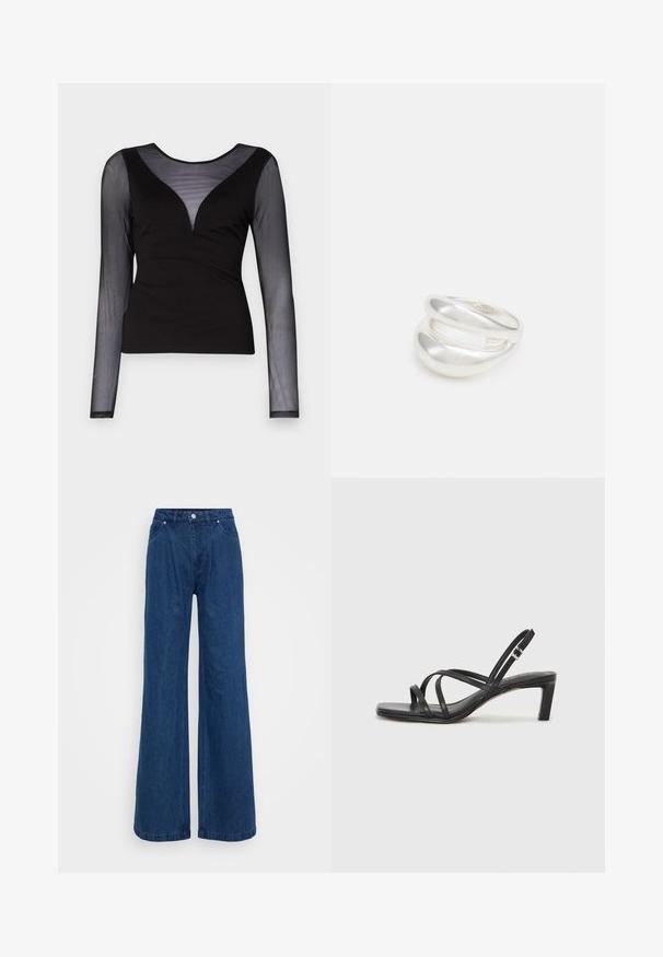 ONLY ONLBECKI BODYTOP - Tops ar garām piedurknēm - black; Platas kājas zila denim bikses ar augstu jostasvietu, priekšējo pogu un slēgšanu ar rāvējslēdzēju, kā arī priekšējām un aizmugurējām kabatām uz vienkārša fona.; Melnas strappy sandales ar kvadrātveida purngaliem un zemu bloku papēdi. Ievērojamas ar vairākiem plāniem siksniņām un regulējamu potītes siksniņu. Izgatavotas no gludas ādas.; Sudraba divu joslu gredzens ar gludu, pulētu virsmu. Iezīmējas ar plūstošu, izliekta dizaina struktūru ar pārklājošām sekcijām modernam izskatam.
