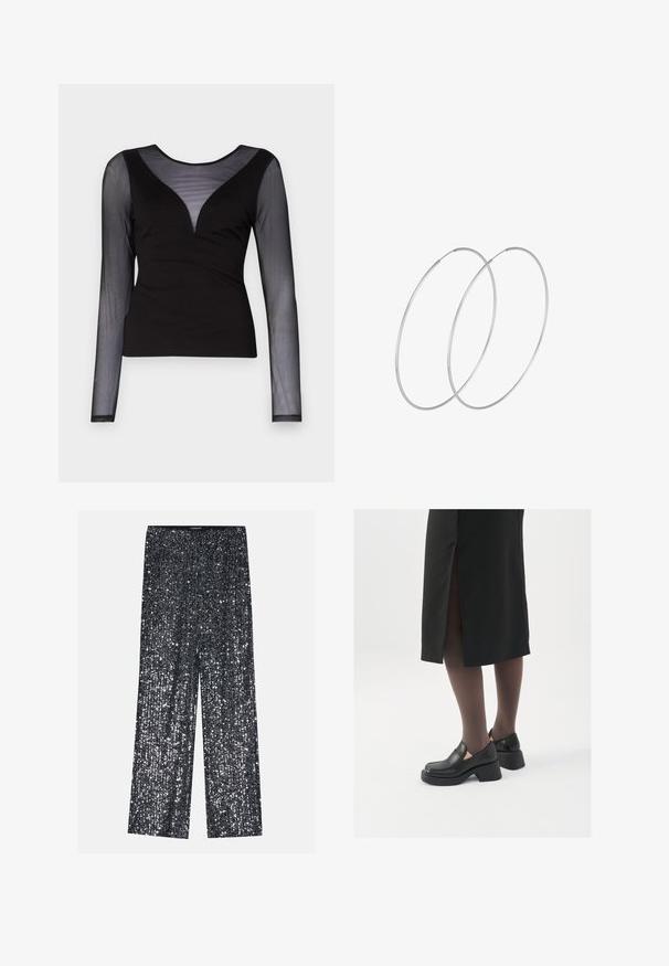 ONLY ONLBECKI BODYTOP - Pitkähihainen paita - black; Mustat palazzohousut, joissa on leveät lahkeet ja joustava vyötärö, sekä kiiltävä, tekstuuripintainen pinta, joka heijastaa valoa.; Mustat nahkakengät pyöreällä kärjellä, paksulla lohkopohjalla ja joustavilla sivuakkesseilla, yhdistettynä tummiin sukkahousuihin ja mustaan hameeseen, jossa on halkio.; Hopehope hopeilla, joissa on minimalistinen muotoilu. Pyöreä muoto, sileä pinta ja ohut profiili. Kevyet ja kiillotetut.