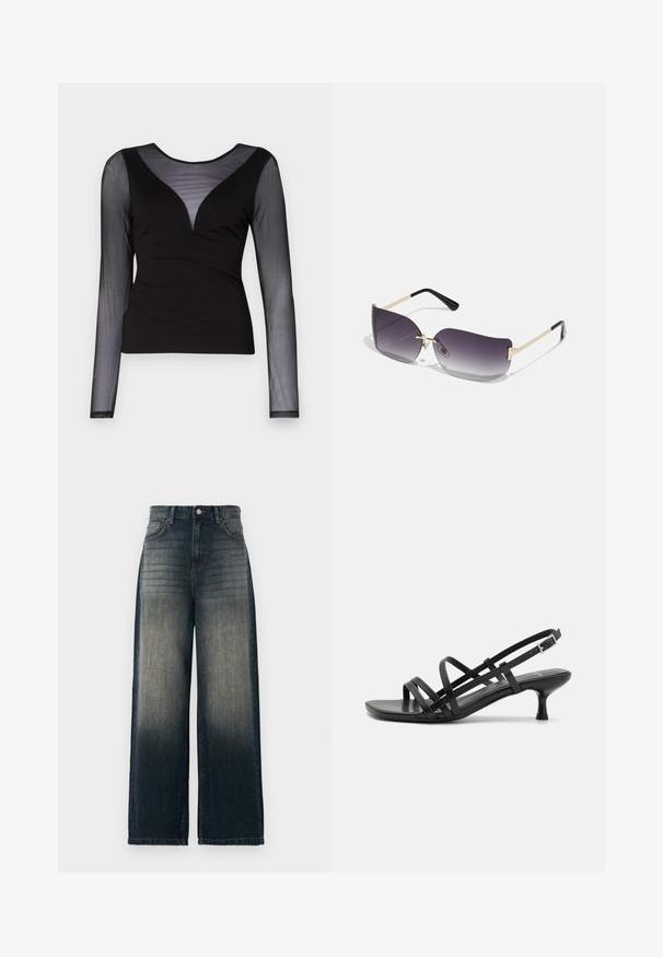 ONLY ONLBECKI BODYTOP - Top s dlouhým rukávem - black; Kraťasy s širokými nohavicemi z tmavého denimu, se zesvětlenou gradientní barvou od tmavé po světlejší, pěti kapsami a kontrastním švem.; Černé sandály na podpatku s několika křížovými pásky. Hladký materiál, špičatá špička a úzký podpatek. Nastavitelný pásek kolem kotníku s přezkou.; Sluneční brýle s šedým gradientním sklem, zlatým kovovým rámem a černými plastovými akcenty. Unikátní čočky ve tvaru motýla s tenkými nožičkami.; Zlaté kruhové náušnice s hladkým, lesklým povrchem. Kruhový design s malým kolíčkem a průhledným záznamem pro bezpečné nošení.