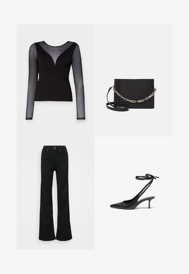 ONLY ONLBECKI BODYTOP - Top dugih rukava - black; Crne široke traperice od denima, s visokim strukom, pet džepova i metalnim zatvaračem. Glatka tekstura s minimalnim detaljima.; Crne kožne štikle s šiljastim vrhom, otvorenim leđima i remenčićima koji su vezani u mašnu. Tanak potplat visine 7,5 cm. Glatka tekstura, minimalistički dizajn.; Crna kožna torba preko tijela s glatkom teksturom, pravokutnim oblikom i metalnim lancem na prednjoj strani. Uključena je podesiva naramenica.; Srebrna dvostruka prsten s glatkom, poliranom površinom. Karakterizira ga fluidan, zakrivljen dizajn s preklapajućim sekcijama za moderan izgled.