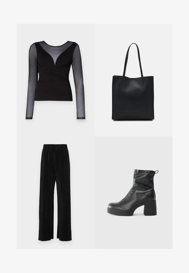 ONLY ONLBECKI czarny; Czarne spodnie plisowane z elastycznym paskiem w talii. Posiadają szerokie nogawki oraz gładki, teksturowany materiał z pionowymi paskami.; Czarne botki za kostkę wykonane z gładkiej skóry, wyposażone w boczny zamek błyskawiczny, masywny teksturowany obcas oraz zaokrąglony czubek.; Czarna skórzana torba tote o gładkiej fakturze, prostokątnym kształcie i dwóch długich uchwytach. Brak widocznych elementów metalowych i ozdób.