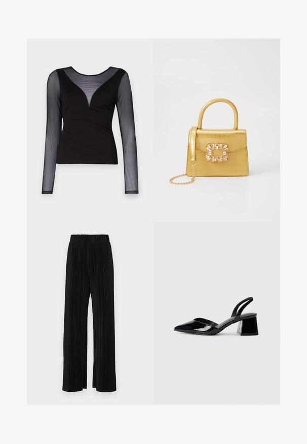 ONLY ONLBECKI BODYTOP - Topper langermet - black; Sorte plisserte bukser med elastisk midje. Har vide ben og et glatt, strukturert stoff med vertikale striper.; Svarte patentlær slingback hæler med spiss tå og geometrisk blokk hæl. Har et stilrent, minimalistisk design og jevn tekstur.; Gul faux-krokodille veske med en strukturert design, toppen håndtak, avtagbar kjede stropp, og dekorativ krystallbortsettelse på låsen.