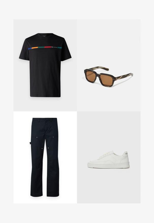 PS Paul Smith REG FIT SS T SHIRT - T-shirts med print - black; Svart cargo bukser laget av holdbart stoff, med rett snitt, multiple lommer og subtile sølvfarge detaljer.; Hvite lærersneakers med en jevn overflate, rund tå, flate lisser og en teksturert såle. Har en subtil logo på hælen.; Plastik solbriller med kappe-mønster, åttekantede brune linser og tynne gullfargete detaljer på rammen.