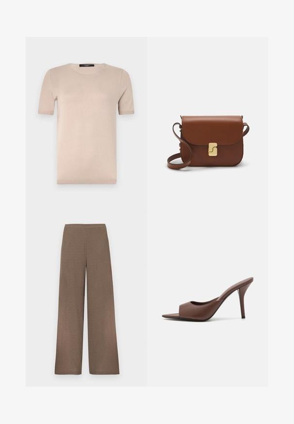 Beige gebreid T-shirt met korte mouwen en een ronde halslijn, met een zachte textuur en geribbelde zoom. Eenvoudig, klassiek ontwerp dat ideaal is voor layering.; Wijde bruine broek met een platte tailleband, zonder zichtbare zakken of sluitingen, weergegeven op een witte achtergrond.; Bruine leren open-teen hoge hak muiltjes met een slank ontwerp, voorzien van een brede voorkruistrap en een slanke stiletto hiel.; Bruine leren handtas met een klep sluiting, gouden hardware, een schouderband en een gladde textuur. Compact rechthoekige vorm.; Een paar onregelmatig ovale, gouden metalen oorbellen met een gestructureerd, lichtgehamerd oppervlak op een witte achtergrond.