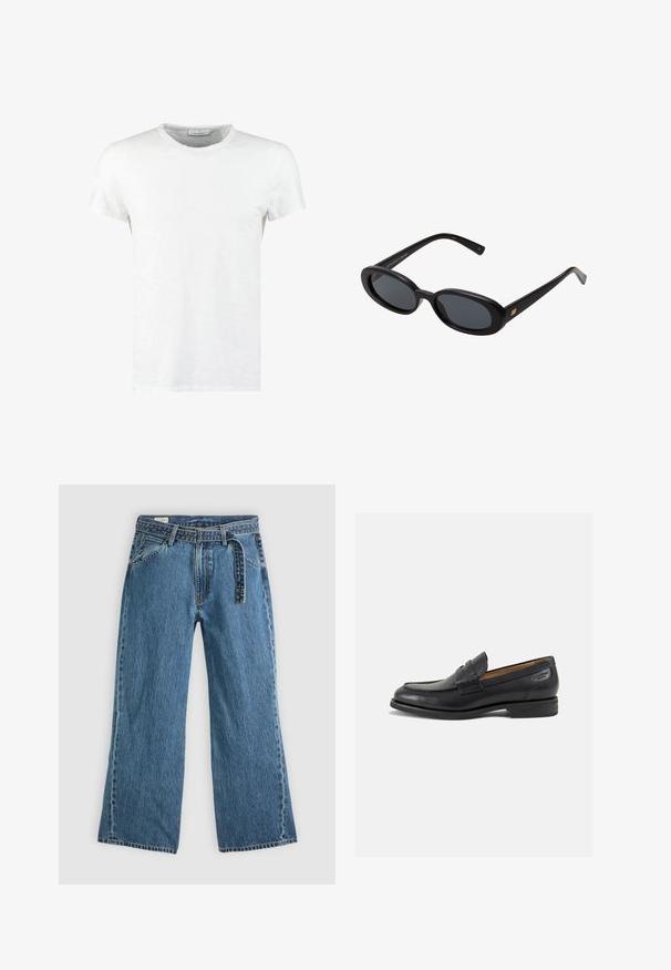 Balta medvilninė marškinė su apykaklės išpjova ir trumpomis rankovėmis, pasižyminti smulkia tekstūra ir minimalistiniu dizainu. Nėra raštų ar dekoro.; Juostuotas marškinis šviesiai mėlynos ir baltos spalvos, mygtukais rišamas, su ilgomis rankovėmis ir krūtinės kišene, papuošta išsiuvinėtu logotipu. Medvilnės audinys.; Mėlyni džinsiniai plačių kojų džinsai su prijungtu diržu, priekinėmis kišenėmis ir matomomis siūlėmis ant vientiso šviesaus fono.; Juodi odiniai loafersai su lygiu paviršiumi, apvaliu pirštu ir dekoratyvine siūlė viršuje. Žemas sustiprintas kulnas ir lengvas blizgesys.; Juodos didelės saulės akinių su ovaliais objektyvais, lygia plastiko rėmeliu ir aukso akcentais ant šventyklos. Tamsūs objektyvai suteikia apsaugą nuo saulės.; Juodas žygio krepšys, pagamintas iš tekstūruotos medžiagos, su užtrauktuku, reguliuojamu diržu ir iškilmingu logotipu priekinėje pusėje.