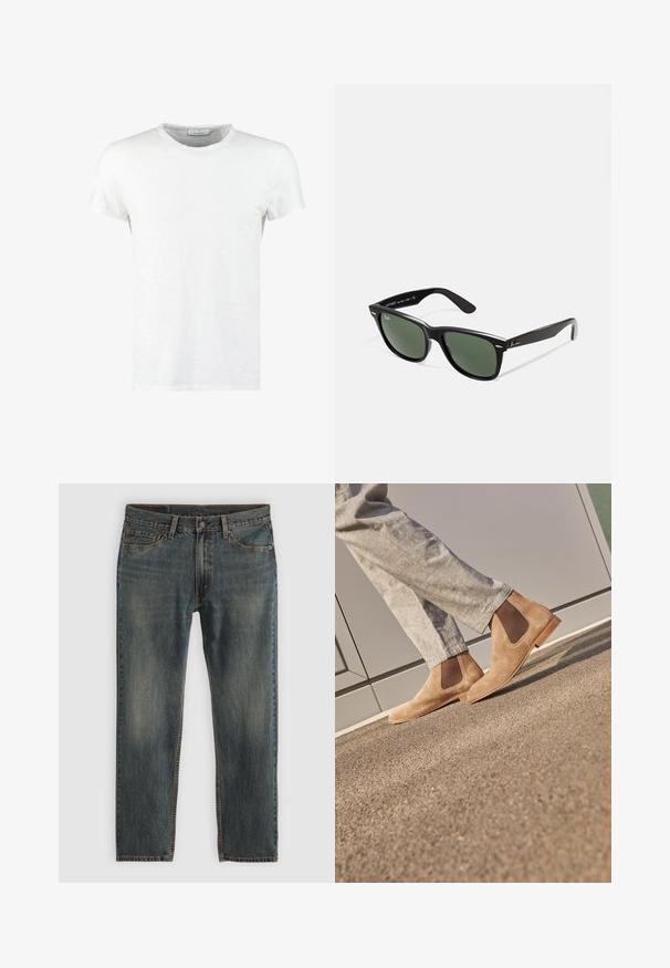 Weißes Baumwoll-T-Shirt mit Rundhalsausschnitt und kurzen Ärmeln, das eine feine Textur und ein minimalistisches Design aufweist. Keine Muster oder Akzente.; Blaue Denim-Jeans mit einem geraden Bein-Design, das einen klassischen Fünf-Taschen-Stil, Steppnähte und ein leicht verblasstes Finish aufweist.; Braune Wildleder Chelsea Boots mit elastischen Seitenpaneelen und einer glatten, tanfarbenen Gummisohle, kombiniert mit hellgrauen Hosen auf einer strukturierten Oberfläche.; Schwarze Plastiksonnenbrille mit grünen Gläsern, quadratischen Rahmen, silbernem Akzent auf der Augenbraue und strukturierten Bügeln. Angegebene Marke auf dem inneren Bügel.