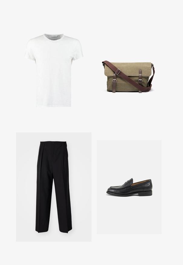 White cotton t-shirt with a crew neckline and short sleeves, featuring a fine texture and minimalistic design. No patterns or accents.; Black pleated trousers with a straight, wide-leg design. Made from smooth fabric, featuring a button closure and belt loops.; Black leather loafers with a smooth finish, rounded toe, and decorative stitching on the vamp. Low stacked heel and slight shine.; Green canvas messenger bag with brown leather accents, adjustable strap, and silver hardware. Flap closure with buckle details.