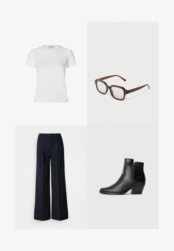 Bielo krátky rukáv tričko vyrobené z bavlny. Obsahuje okrúhly výstrih a priliehavý strih s hladkou textúrou a bez viditeľných vzorov.; Námornícke pruhované široké nohavice s dvoma prednými gombíkmi, prispôsobený dizajn, záhyb na prednej strane a hladká textúra.; Čierne kožené členkové topánky s špicatou špičkou, bočným zipsom a robustným podpätkom. Hladká textúra a minimalistický dizajn.; Hnedé priehľadné obdĺžnikové okuliare s čírymi šošovkami, s miernym fialovým odrazom a malými zlatými dekoratívnymi bodkami na predných rohoch.; Strieborné kruhové náušnice s hladkým, lesklým povrchom. Okrem zaobleného tvaru majú mierne zakrivený dizajn a splývajúce okraje. Uzáver na kolík.