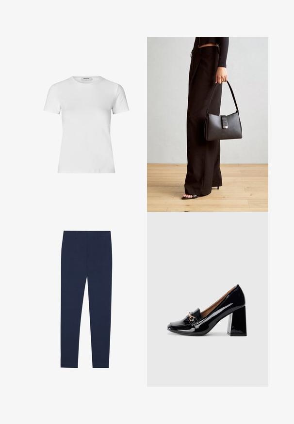 T-shirt blanc à manches courtes en coton. Il présente un col rond et une silhouette ajustée avec une texture lisse et sans motifs visibles.; Pantalons bleu marine en tissu lisse, avec une coupe droite et un devant plat. Sans motifs ni accents visibles.; Escarpin en cuir verni noir, à talon haut avec un bout pointu et un talon carré. Présente une sangle décorative et un détail de boucle sur le dessus.; Sac à main noir à la forme structurée, texture lisse et fermoir métallique. Associé à un pantalon noir ample et des sandales ouvertes sur un sol en bois.