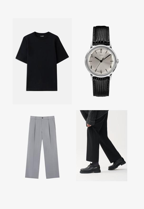 Črna bombažna majica s kratkimi rokavi in krožnim izrezom. Ima diskreten vezen logotip na levem prsnem predelu. Ravna, gladka tekstura.; Sive nabrane hlače z ohlapnim krojem, izdelane iz lahkega materiala. Imajo sprednje žepke in gumbasto zapiranje v pasu.; Črne usnjene čEvlje s zaobljenim nosom, zavezovanjem in debelim, teksturiranim podplatom. Obute z urejenimi črnimi hlačami in rebrastim puloverjem.; Ročna ura Timex s srebrno številčnico, črnimi urnimi oznakami in jeklenim ohišjem. Ima teksturiran črn usnjen trak. Preprost, eleganten dizajn.