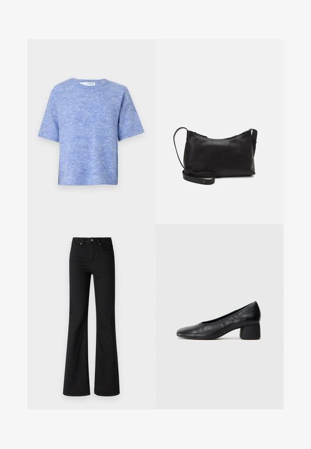 Pullover azul claro de manga curta, feito de um tecido macio e texturizado. Apresenta um decote redondo e um corte descontraído, com detalhes mínimos.; Jeans pretos de perna larga feitos de denim com cintura alta, apresentando cinco bolsos, botão frontal e fecho de zíper, textura suave.; Sapato de salto preto em couro com bico arredondado e salto médio bloco. Textura suave com detalhes mínimos, apresentando uma abertura elástica discreta.; Bolsa de ombro em pele preta com textura suave, forma curva, alça ajustável e fecho com zip. Design minimalista sem adornos.