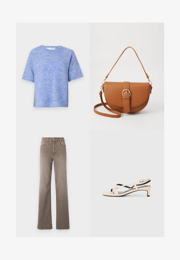 Šviesiai mėlynas trumpo rankovėmis megztinis, pagamintas iš minkštos, struktūruotos medžiagos. Turi apvalų iškirpimą ir laisvą siluetą, su minimaliais akcentais.; Rudos aukšto liemens tiesios kojos džinsai su priekyje esančiu mygtuku, dirželio kilpomis ir klasikiniu penkių kišenių dizainu baltoje fone.; Bežiniai odiniai sandalai su kryžminiais dirželiais, mažu kulnu ir juodais akcentais. Lygi tekstūra ir minimalistinis dizainas.; Ruda odinė kryžminė rankinė, turinti kreivą formą, auksinius metalinius elementus ir sagtį. Yra nuimama petneša.