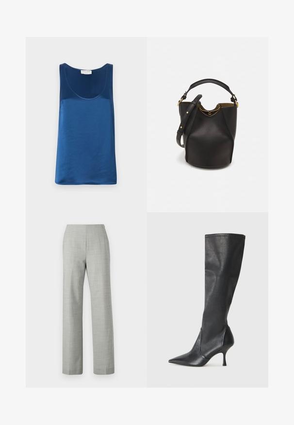 Modrý saténový top s okrúhlym výstrihom a širokými ramienkami, hladkou textúrou a voľným strihom.; Sivé nohavice na mieru so strihom rovného nohu, vyrobené z textilného materiálu. Obsahujú hladký pás a čistý, minimalistický dizajn.; Čierne kožené čižmy do výšky kolien s špicatou špičkou a úzkym stiletto podpätkom. Hladká textúra s priliehavým dizajnom a prešitím na vrchnom okraji.; Čierna kožená vedro taška s textúrovaným povrchom, zlatými kovovými detailami a otvoreným vrcholom. Obsahuje krátku rukoväť a nastaviteľný ramenný popruh.