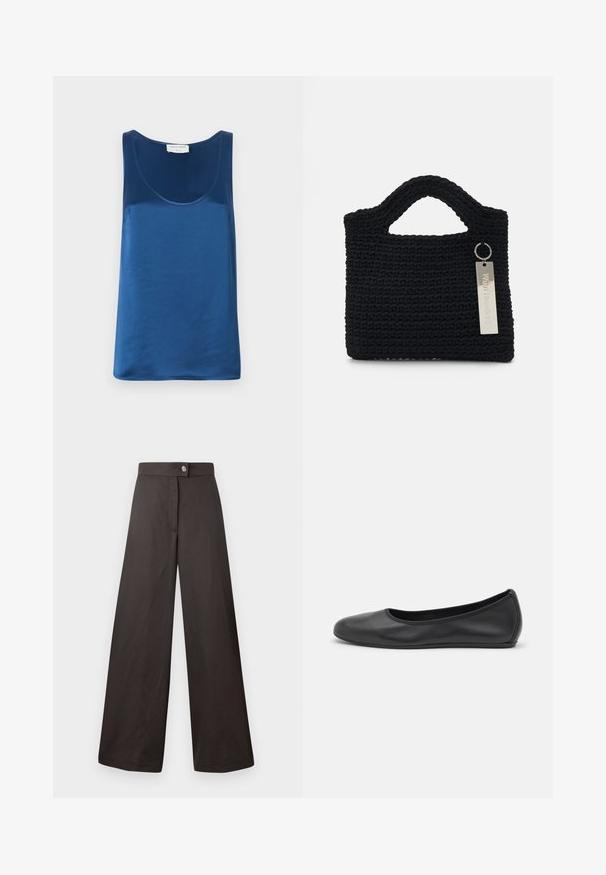 Top in satin blu che presenta un collo rotondo e spalline larghe, texture liscia e vestibilità rilassata.; Pantaloni larghi neri con una texture liscia, dotati di una chiusura con bottone frontale e un design pulito e semplice. Nessun motivo o dettaglio visibile.; Pantofole da balletto nere in pelle con punta arrotondata, texture liscia, dettagli di cucitura minimi e design con suola flessibile.; Won Hundred MARSIELLE COMPUTER BAG UNISEX - Borsa porta PC - black
