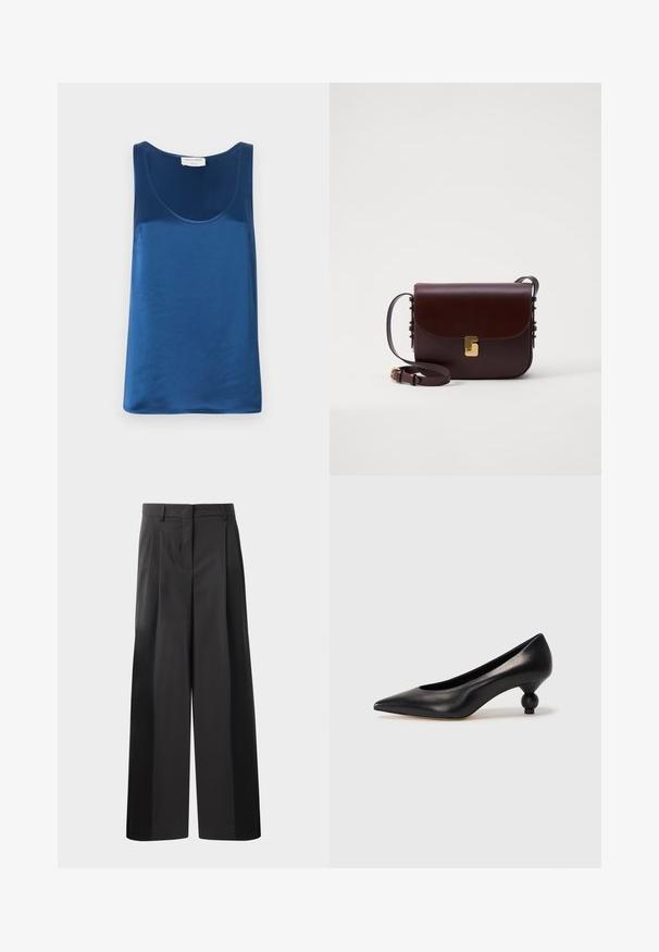Blå satin tanktop med rund halsudskæring og brede skulderstropper, glat tekstur og en afslappet pasform.; Sort brede bukser med høj talje, med folder foran, en glat tekstur og en skræddermæssig finish. Designet til en afslappet pasform.; Sort læder høje hæle med spids tå og rund, kugleformet hæl. Glat tekstur med et stilrent, minimalistisk design.; Brun lædertaske med klaplukning, guldfarvet hardware og justerbar rem. Har en glat tekstur og en slank rektangulær form.