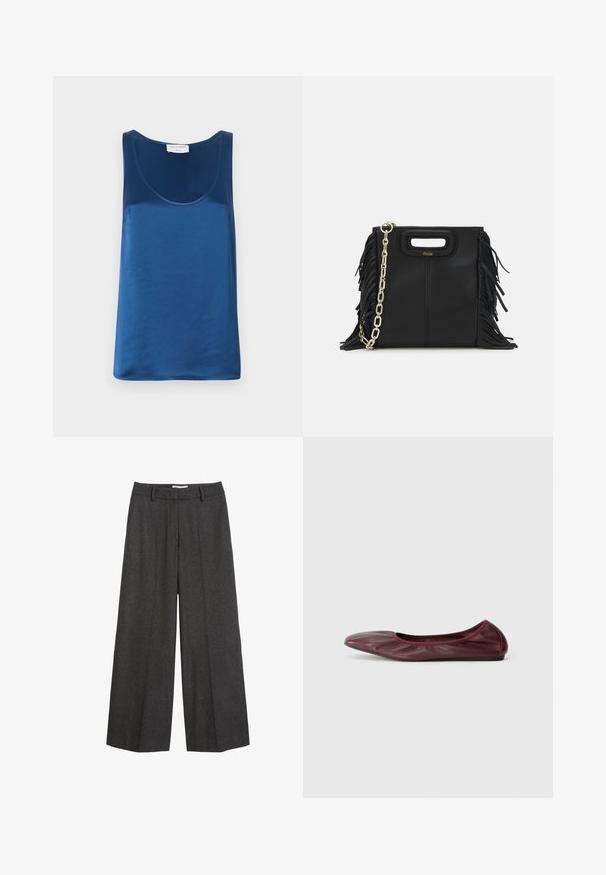 Mėlynas satino marškinėlis be rankovių su apvalia iškirpte ir plačiomis petnešomis, lygiu paviršiumi ir laisvu kirpimu.; Platus kojas kelnes tamsiai pilkos spalvos audinio. Yra pritaikytas liemuo su dirželių kilpomis, lygus paviršius ir minimalūs siuvimo akcentai.; Balerinai tamsiai burgundiško odos, su apvaliomis nosimis, elastingu kraštu ir lygiu paviršiumi, puošti subtiliais raukšlėmis.; Juodas odinis rankų darbo rankinys su frinzuotomis detalėmis, auksine grandinės petneša ir išpjauto dizaino rankena. Pirmoje pusėje yra logotipo vieta.