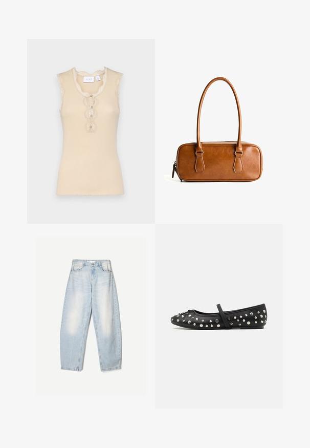 Bej hosszú ujj nélküli felső csipke díszítéssel, ívelt nyakkivágással és három díszgombbal elöl. Bordázott textúra, puha anyag.; Világoskék farmernadrág, laza szabással, elhasználódott hatással, két elülső zsebbel és gombos zárással a derékrészen.; Fekete balettcipő bőrből, díszes ezüst szegecsekkel. A cipőn található egy pánt a lábfejen, valamint kerek orrú kialakítás.; Barna bőr kézitáska, két hosszú fogantyúval, téglalap alakú, sima textúrájú, cipzáras záródással és ezüstszínű fém részletekkel.