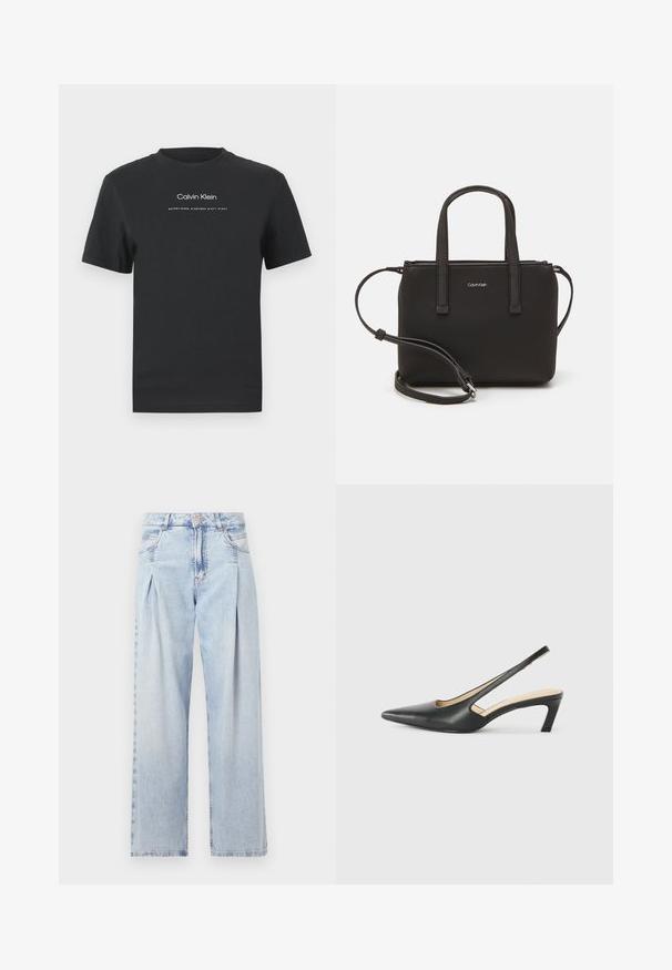 Musta puuvillainen T-paita, jossa on pyöreä pääntie, lyhyet hihat ja valkoinen painettu "Calvin Klein" -logo sekä "Established 1968" -teksti.; Vaaleansiniset farkut, joissa on korkea vyötärö, leveälahkeinen leikkaus, kaksi sivutaskua ja pleatattu muotoilu. Pehmeä rakenne, jossa on haalistunut viimeistely.; Musta, kärjeltään terävä slingback-kengä, jossa on matala korko. Kengässä on sileä nahkamateriaali ja sivuilla leikkaukset hengittävyyttä varten.; Musta käsilaukku, jossa on kaksinkertaiset lyhyet kahvat ja irrotettava olkahihna. Silkkinen nahkatunneinen materiaali, jossa on vetoketjukiinnitys ja logoyksityiskohta.
