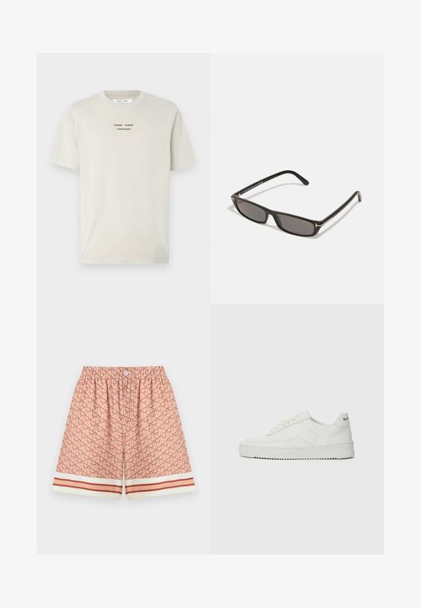 Light beige cotton t-shirt featuring short sleeves, crew neck, and black printed text "SAMSE SAMSØ COPENHAGEN" centered on the chest.; Patterned swim shorts in peach, featuring an all-over geometric design. Elastic waistband with button and contrasting striped hem detail.; White leather sneaker with a smooth finish, round toe, flat laces, and a textured sole. Features a subtle logo on the heel.; Black rectangular sunglasses with dark lenses. Plastic frame with a matte finish. Gold accents on the arms and logo branding.