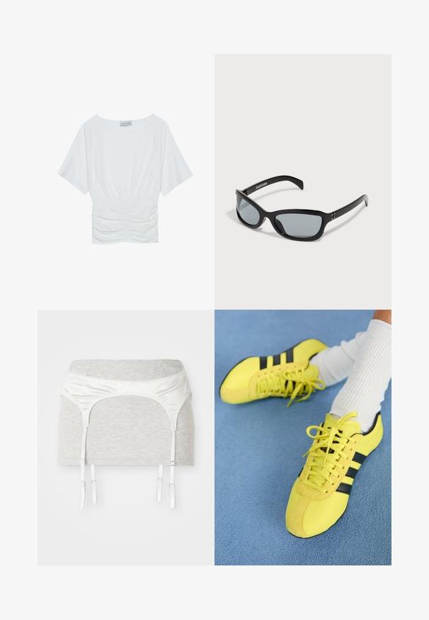White short-sleeve top with a relaxed fit, featuring a gathered ruched design at the waist and smooth fabric texture. Label: Anna Field.; Grey cotton fabric garment with a satin white waistband and four adjustable ribbons for garter purpose. Smooth texture, fitted design.; Bright yellow athletic shoes with black stripes and laces; features a textured upper and suede accents. Worn with white ribbed socks.; Black sunglasses with a sleek, angular design. Features grey lenses and shiny plastic frames. Includes small metal accents and branding on the arm.; Black leather handbag with two short handles, silver hardware, white accents, and a white logo. Features a textured surface and compact design.
