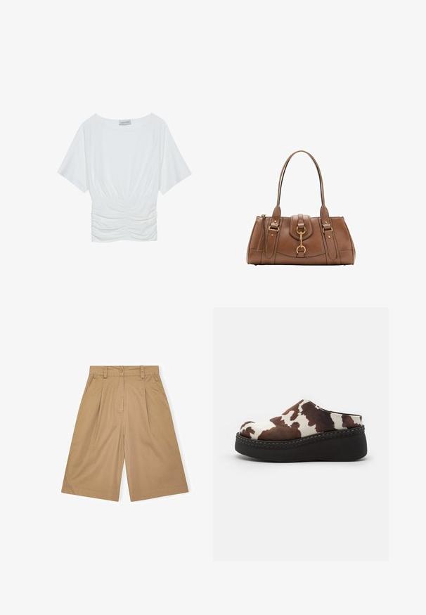 White short-sleeve top with a relaxed fit, featuring a gathered ruched design at the waist and smooth fabric texture. Label: Anna Field.; Beige cotton shorts with a relaxed fit, featuring pleats, button closure, and side pockets. Smooth texture and knee-length design.; Brown and white cow-print platform clogs with a soft upper, rounded toe, and a durable black rubber sole. Seamed detailing at the base.; Brown leather handbag with dual handles, gold hardware accents, and structured design. Features a central flap with a loop detail.