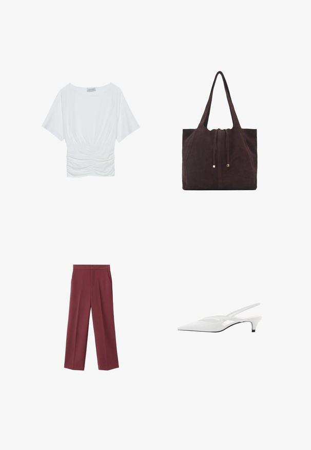 Weißes Kurzarmoberteil mit lockerer Passform, das ein gerafftes Design in der Taille und eine glatte Stofftextur aufweist. Marke: Anna Field.; Weinrote Hose mit weitem Bein aus glattem Material, ausgestattet mit seitlichen Taschen und einem hohen Taillendesign. Mit einem klaren vorderen Bügel gefaltet.; Weißer Slingback-Absatzschuh mit spitzer Zehenpartie, featuring ein glattes Obermaterial, subtile Ausschnitte und einen niedrigen Blockabsatz. Die schwarze Sohle betont das Design.; Mango Shopping Bag - dark brown