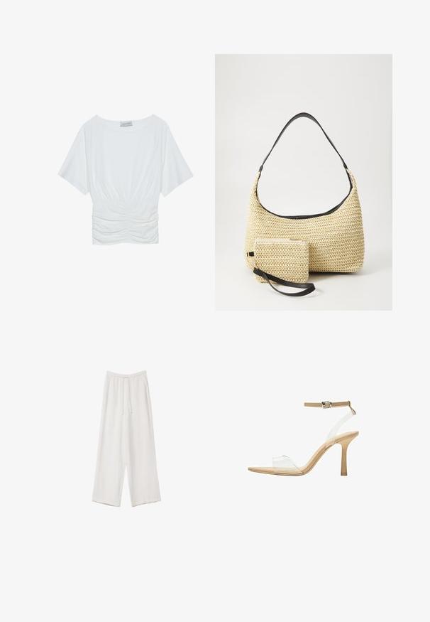 Bela majica s kratkimi rokavi in sproščenim krojem, z nabranim oblikovanjem v predelu pasu in gladko teksturo tkanine. Oznaka: Anna Field.; Bele široke hlače iz lahkega materiala. Imajo elastičen pas s vrvico in stranske žepe. Gladka tekstura.; Sandal z jasnim petnikom s prozornim zgornjim delom, bež podplatom in sivim trakcem okoli gležnja. Ima koničast nos in tanek visoki petek.; Tkana torbica iz slame s zakrivljenim siluetom, ki vključuje gladek črn usnjen trak in usklajen majhen žep, pritrjen z ročajem za zapestje.