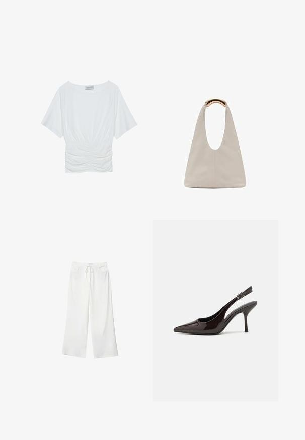 Bijela majica kratkih rukava s opuštenim krojem, koja se ističe nabranoj teksturom na struku i glatkim materijalom. Etiketa: Anna Field.; Bijele hlače širokih nogavica od mekanog materijala, s elastičnom trakom u struku i dva prednja džepa. Glatka tekstura i bez vidljivih uzoraka.; Sandalice na visokom potpetici od sjajnog tamnosmeđeg lakiranog kože, s oštrim vrhom, otvorenim stranama i podesivom naramenicom.; Svijetlosivi kožni torba s oblikom u slovo U i zakrivljenim metalnim drškom. Glatka tekstura s minimalnim šavovima i bez vidljivih uzoraka.