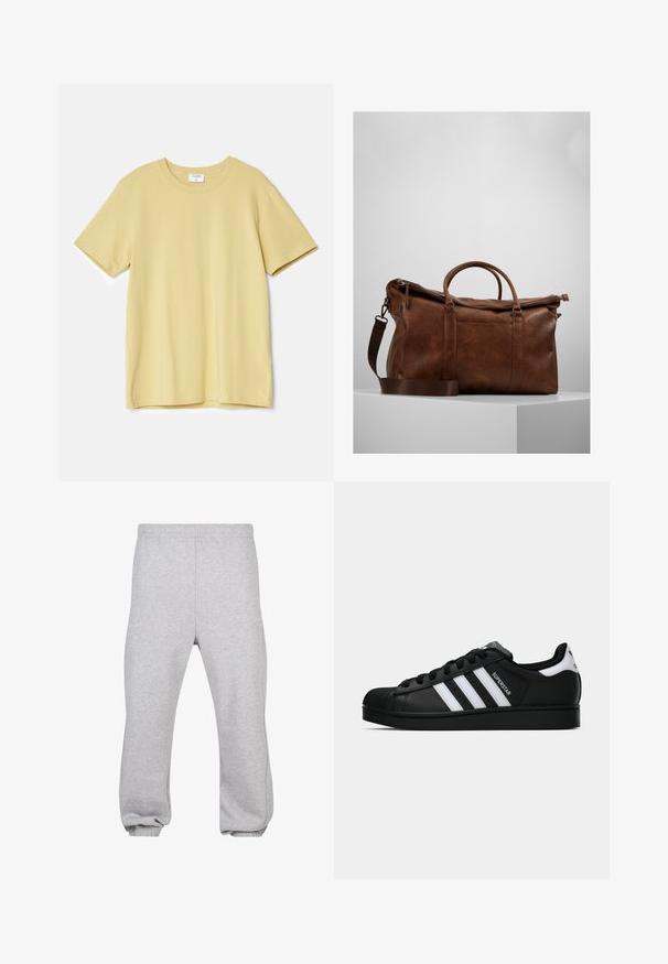 Yellow short-sleeve t-shirt made of soft cotton, featuring a crew neck and straight cut with no visible patterns or accents.; Gray sweatpants made of cotton blend, featuring an elastic waistband, tapered legs, and cuffed hems. Simple design with no patterns.; Black Adidas Superstar sneaker with white stripes, shell toe, and "Superstar" text on side, shown in side profile on white background.; Brown leather duffle bag with a zip closure, double handles, adjustable shoulder strap, and visible texture patterns on the surface.