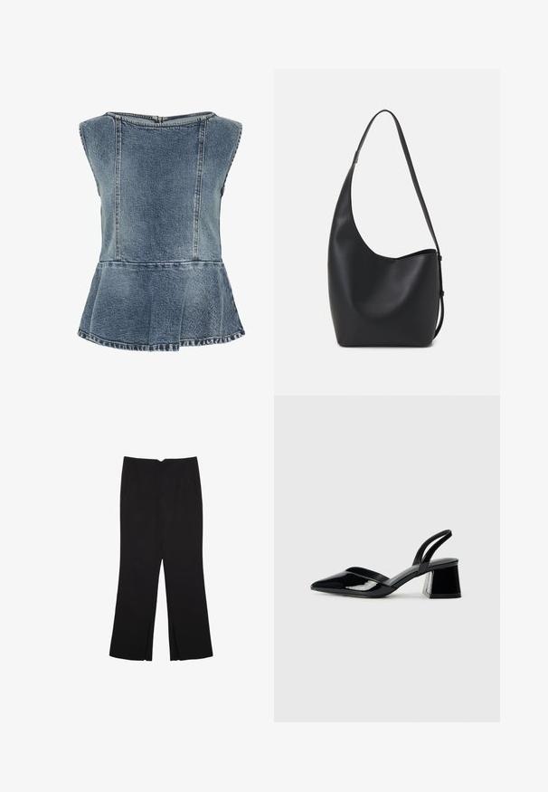 Denim peplum top v svetlo modri barvi, z okroglim izrezom, brez rokavov in vidnimi šivi ob robovih. Zadrga na hrbtni strani.; Črne hlače ravnega kroja z naglavnimi žepi in stranskimi razporki na robu. Narejene iz mehke, gladke tkanine. Primerne za različne priložnosti.; Črne lakirane slingback pete s koničastim nosom in geometrijsko blokasto peto. Imajo eleganten, minimalističen dizajn in gladko teksturo.; Črna usnjena hobo torba z gladko teksturo, ukrivljeno obliko in eno nastavljivo naramnico; ima širok odprtina na vrhu.