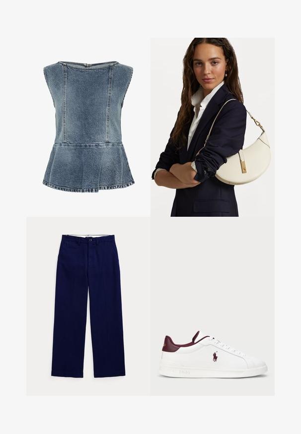 Džínová peplum top v světle modré, s kulatým výstřihem, bez rukávů a viditelným prošíváním podél švů. Zapínání na zip na zadní straně.; Námořnické modré kalhoty rovného střihu s poutky na opasek, zapínáním na knoflík a bočními kapsami na čistém světlém pozadí.; Bílé kožené tenisky s burgundskými akcenty, kulatou špičkou, embosovaným logem a plochými šněrovadly. Texturovaná podrážka a hladké detaily na povrchu.; Bílá kožená kabelka zakřiveného tvaru, se zlatými doplňky a texturovaným povrchem, nošená přes tmavý blazer a bílou košili.