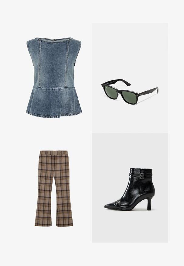 Denim peplum-topp i ljusblått, med rund halsringning, ärmlös design och synlig söm detalj längs sömmarna. Dragkedjestängning bak.; Rutig byxor i tyg, med en beige bas och mörkblå och bruna rutor, utställda ben och elastisk midja.; Tamaris Stövletter med kilklack - black; Svarta plastsolglasögon med gröna linser, fyrkantiga bågar, silverdetalj på ögonbrynet och texturerade skalmar. Angiven märkning på den inre skalmen.