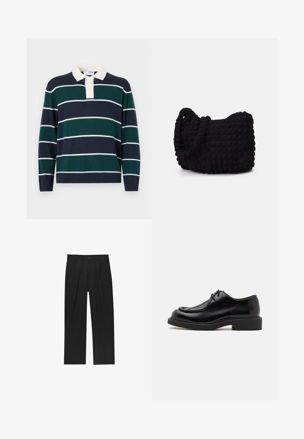 Csíkos, hosszú ujjú polo póló, mely sötétkék, zöld és fehér vízszintes csíkokkal rendelkezik. Klasszikus gallérral és két gombos legombolással készült.; Fekete nadrág egyenes szárú kialakítással, sima anyagból készült. Elöl redők és egy gombos záródás található a derékon.; Fekete bőrcipő lekerekített orral, varrott részletekkel, minimális fűzővel és vastag gumitalppal a tapadás és tartósság érdekében.; Fekete szövet táska texturált, steppelt mintával. Kerek formájú, rövid, vastag fogantyúkkal és puha, rugalmas szerkezettel.