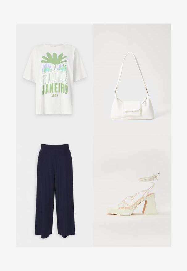 White short-sleeve t-shirt featuring a green and lavender graphic with palm leaves and “RIO DE JANEIRO 1995” text in bold lettering.; Wide-leg trousers in dark navy fabric with a ribbed texture. Features a smooth waistband and a flowy silhouette, reaching mid-calf length.; White high-heeled sandal with a chunky heel, featuring a strappy design and ankle tie. Smooth texture with a platform front for added height.; White synthetic handbag with a triangular shape, flat front flap and bow detail, adjustable strap, smooth texture, and minimalistic design.