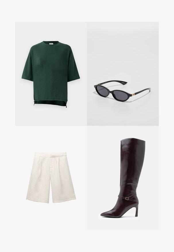 Tmavě zelené nadměrné tričko s krátkým rukávem a kulatým výstřihem, s mírně delším zadním lemem a bočními rozparky.; Beige lněné šortky s širokými nohavicemi, s předními záhyby a hladkým pasem. Materiál má mírně texturovaný povrch.; Hnědé kožené kozačky po kolena s špičatou špičkou, jehlovým podpatkem a dekorativním páskem s přezkou kolem kotníku. Hladký povrch.; Černé sluneční brýle s oválnými čočkami, tmavým gradientním zabarvením a štíhlými rameny s jemnými zlatými akcenty. Hladký plastový povrch.