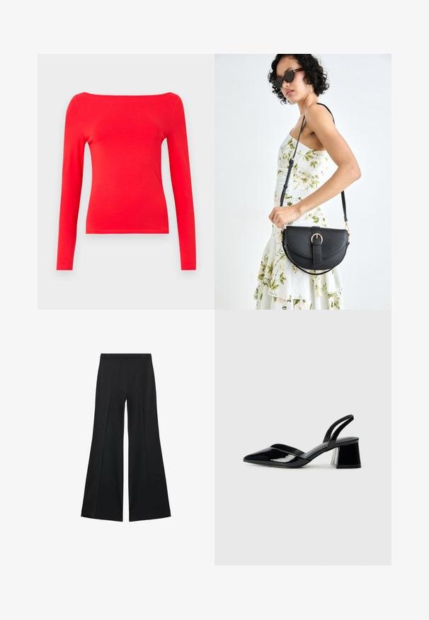 Rød langærmet top med bådudskæring, lavet af glat bomuldsstof. Simpelt design, tætsiddende form og ensfarvet uden mønstre.; Sorte brede bukser med en glat tekstur, der har fremadrettede folder og en skræddersyet design. Stofferne er lette og flerdimensionelle.; Sorte patentlæder slingback hæle med spids tå og en geometrisk blok hæl. Har et elegant, minimalistisk design og en glat tekstur.; Sort læderhåndtaske med en buet form, aftagelig rem og guldfinish. Tasken har en klap med en spænde detalje.