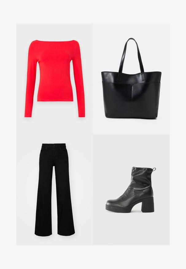 Raudonas ilgomis rankovėmis viršus su plačia apykakle, pagamintas iš lygaus medvilninio audinio. Paprastas dizainas, prigludusi forma ir vientisa spalva be raštų.; Juodos plačios kelnės iš denimo, turinčios struktūruotą juosmenį, diržo kilpas ir priekines kišenes. Lygus paviršius su klasikinio dizaino elementais.; Juodos kulkšninių botai, pagaminti iš lygaus odos, su šoniniu užtrauktuku, masyviu tekstūruotu kulnu ir apvaliu pirštu.; Juoda odinė rankinė su dviem ilgais diržais, lygiu paviršiumi ir struktūrizuota forma. Yra priekinė kišenė papildomam saugojimui.