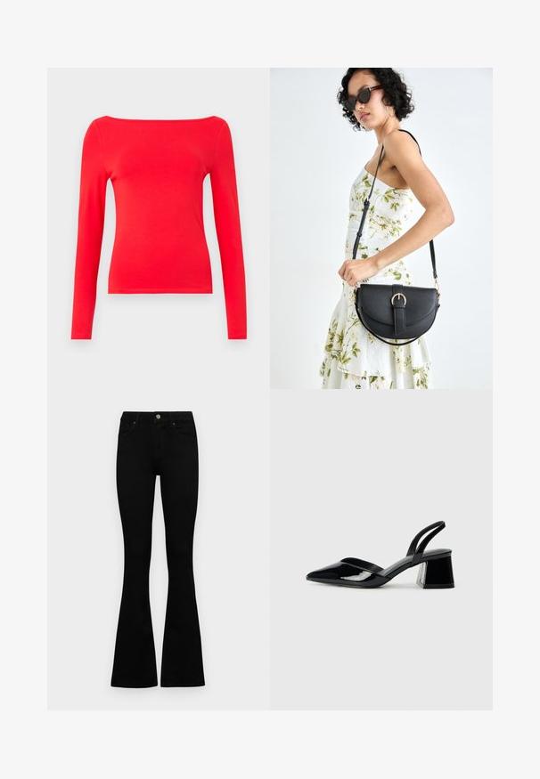 Sark ar garām piedurknēm sarkanā krāsā ar laivu formas apkakli, izgatavots no gludas kokvilnas auduma. Vienkāršs dizains, pieguļoša forma un viendabīga krāsa bez rakstiem.; Melni augsta jostas šorti ar pogu un rāvējslēdzēju, priekšējām kabatām un izplestām kājām, nolikti uz balta fona.; Melna lakota āda ar atvērto papēdi, ar smailu purngalu un ģeometrisku blokpapēdi. Iezīmējas elegants, minimāls dizains un gluda tekstūra.; Melnas ādas rokassoma ar izliekta formu, noņemamu siksnu un zelta aksesuāriem. Somai ir vāciņš ar sprādzes detaļu.