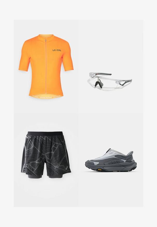 Maillot de cyclisme à manches courtes en orange vif, avec une fermeture éclair à l'avant et le logo "LE COL", fabriqué dans un matériau respirant avec une finition texturée.; Shorts de sport noirs avec un motif gris texturé, dotés d'une taille élastique et d'accents gris clair sur les côtés.; Baskets de sport grises avec une tige en mesh, fermeture éclair et superpositions texturées. Caractérisées par une semelle extérieure Vibram pour l'adhérence et la durabilité.; Lunettes de sécurité transparentes avec une monture légère et transparente, et des accents gris. Dotées d'un design enveloppant et d'un nez ajustable.