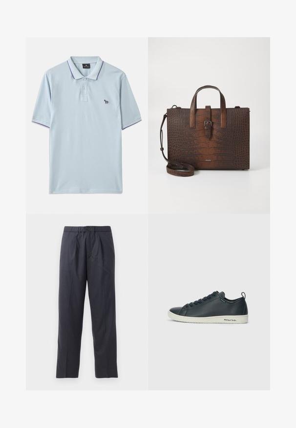 Helesin sinine polo särk, millel on lillad krae aktsendid, kolm esit nööpi ja väike tikandiga sebra logo vasakul rinnal.; Tumed sinised püksid pehmest kangast, mille esiosal on volditud disain ja elastne vöökoht. Varustatud nupuga sulgemisega ja sirge lõikega.; Tumedat mereeritud nahast tossud sujuva viimistlusega, ümmarguse varbaga, kuue silmaauguga sidumise ja kontrastse valge kummist tallaga. Küljes on brändi logo.; Pruun krokodillimustriga nahk käekott, millel on ülemised käepidemed ja eemaldatav õlavarrepant. Omab klambri sulgemist ja ristkülikukujulist vormi.