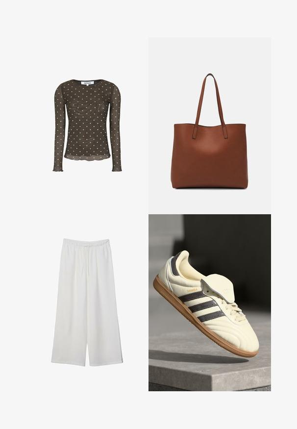 Langærmet, gennemsigtig brun bluse med hvide prikker, der har en rund udskæring og en bølget kant. Fremstillet af letvægtsstof.; Hvide vidde bukser lavet af letvægtsstof, med en elastisk talje og snøre for justerbar pasform. Glat tekstur.; Cremefarvede lædersneakers med tre mørke striber, en brun gummisål og en afrundet tå. Har en foldbar tunge mærket "SAMBA."; Brun læder tote taske med en glat overflade, åben topdesign og to skulderremme. Har minimal syning og ingen synlig hardware.