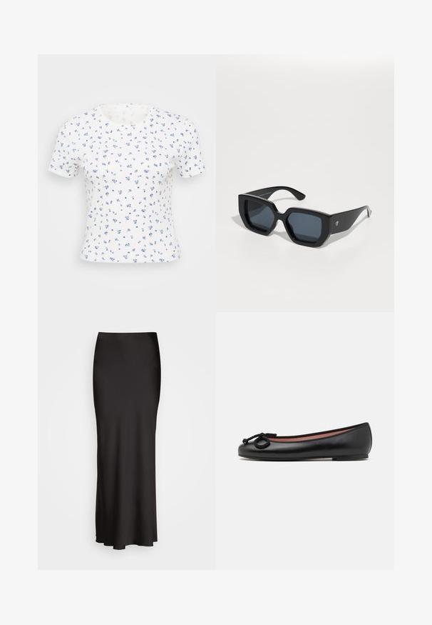 White short-sleeve t-shirt featuring a small floral print in blue tones. The fabric has a ribbed texture and a classic crew neckline.; Black, floor-length satin skirt with a smooth texture, fitted waistband, and A-line silhouette, featuring no visible embellishments or patterns.; Black leather ballet flat with a round toe, features a decorative bow and smooth texture. Minimalist design with a low, flat sole.; Black oversized sunglasses with a geometric design, rectangular lenses, and glossy finish. No visible branding on the front.; Gold hoop earrings with a smooth, rounded design. Features a small hinge closure, lightweight appearance, and a polished finish.
