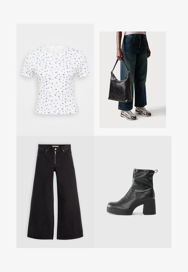 Hvit t-skjorte med korte ermer som har et lite blomstermotiv i blåtoner. Stoffet har en ribbet tekstur og en klassisk rund hals.; Vide benbukser i sort denim med glidelås i front, fem-lomme design og subtile sømdetaljer. Glatt tekstur og avslappet stil.; Svarte ankelstøvler laget av glatt lær, med glidelås på siden, chunky strukturert hæl, og rund tå-design.; Sort skinnveske med en glatt tekstur og justerbar stropp, kombinert med falmede vide jeans og atletiske sneakers.