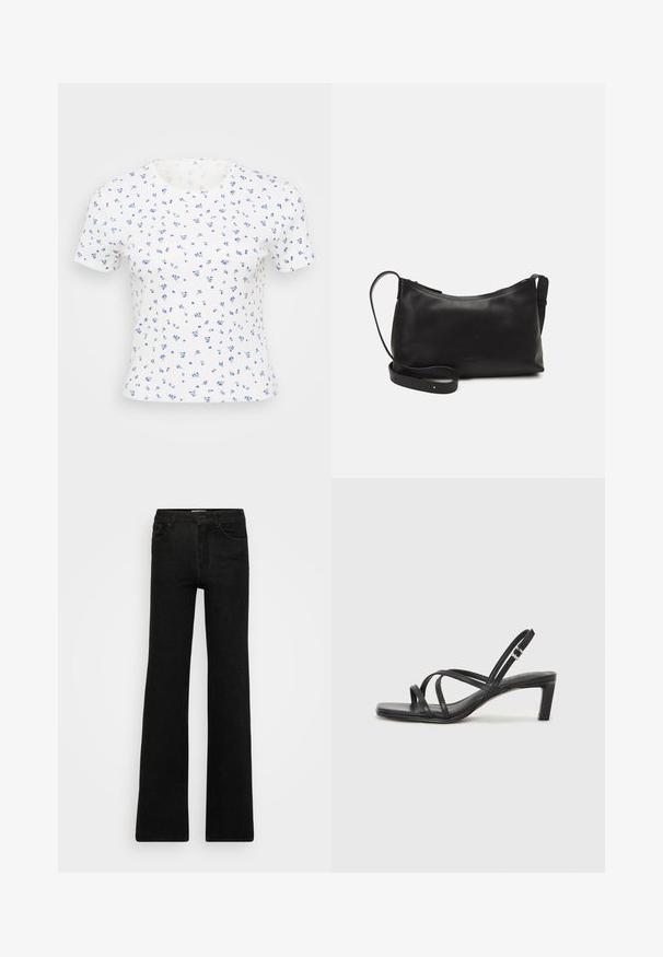 Balta trumpa rankovėmis marškinėliai su mažais gėlių raštais mėlynos spalvos atspalviuose. Audinys turi raukšlių tekstūrą ir klasikį apvalų iškirpimą.; Juodi platūs džinsai pagaminti iš džinsinio audinio. Dizainas apima du priekiniai kišeniai ir užtrauktuką, su lygiu, vienodu paviršiumi ir švelniomis linijomis.; Juodi šlepetės su kvadratiniu pirštu ir žemu bloku kulnu. Yra keli ploni dirželiai ir reguliuojamas kulkšnies diržas. Pagaminti iš lygios odos.; Juodas odinis petinis krepšys su lygiu paviršiumi, išlenkta forma, reguliuojama dirželiu ir užtrauktuku. Minimalistinis dizainas be puošmenų.