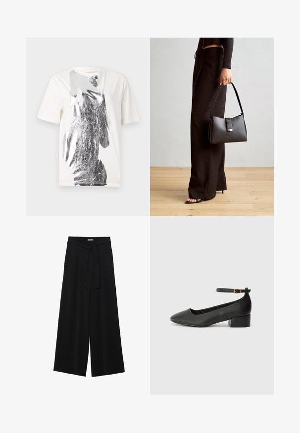 Valge puuvillane T-särk, millel on esiosas abstraktne hõbedane graafikaprint, ümar kaelus ja lühikesed varrukad. Sile tekstuur.; Mustad laiad püksid, millel on tekstureeritud kangas, elastne vöökoht ja eemaldatav pael vööst, et reguleerida sobivust.; Must mustaapp, millel on terav nina ja madal blokk-kand. Omab pahkluu rihma koos kuldse tooni pandlaga. Sile tekstuur.; Must musta kott, millel on struktureeritud kuju, sile tekstuur ja metallist klamber. Kombineeritud laiate mustade pükstega ja avatud varvaste sandaalidega puidust põrandal.