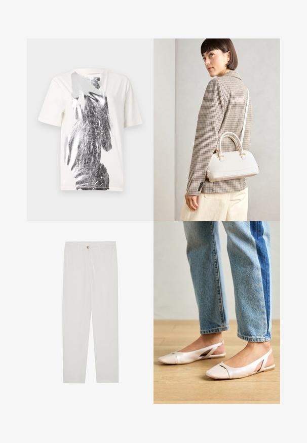 Bela bombažna majica z abstractnim srebrnim grafikonom na sprednji strani, okroglim izrezom in kratkimi rokavi. Gladka tekstura.; Bela, krojena hlače z ravnimi nogami, ki vključujejo gumbasto zapiranje, zanke za pas in stranske žepe; gladka tekstura tkanine.; Svijetloružičaste slingback balerinke s šiljastim nožnim prstima, napravljene od glatkog materijala nalik koži. Imaju izrezane detalje sa strane i ravne pete.; Bela strukturirana torba z kratkimi ročaji in naramnim trakom, z zlatimi okrasnimi elementi in teksturiranim materialom, prikazana na sivi podlagi.