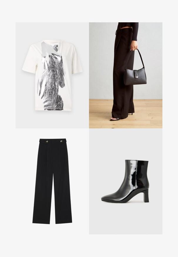 T-shirt de algodão branco com uma impressão gráfica prateada abstrata na frente, gola redonda e mangas curtas. Textura suave.; Calças largas pretas com cintura alta, detalhes em botão na cintura e pregas frontais.; Botim de tornozelo em pele sintética preta com bico apontado e salto bloco de altura média. Textura suave e design minimalista.; Bolsa preta com forma estruturada, textura suave e um fecho metálico. Combinada com calças largas pretas e sandálias de salto aberto sobre um chão de madeira.